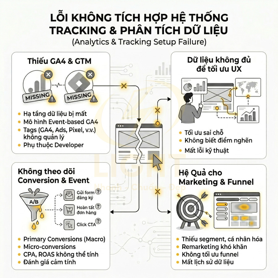 Infographic lỗi không tích hợp hệ thống tracking và phân tích dữ liệu, thiếu GA4, GTM, theo dõi conversion và hậu quả marketing