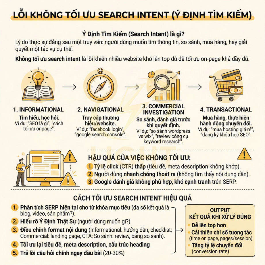 Infographic lỗi không tối ưu search intent trong SEO và cách tối ưu ý định tìm kiếm để tăng chuyển đổi