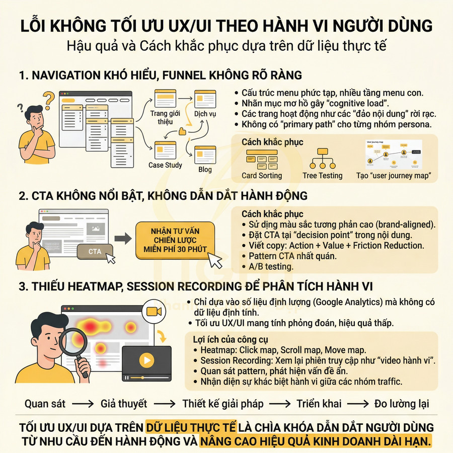 Infographic lỗi tối ưu UX UI theo hành vi người dùng và cách khắc phục để tăng chuyển đổi website