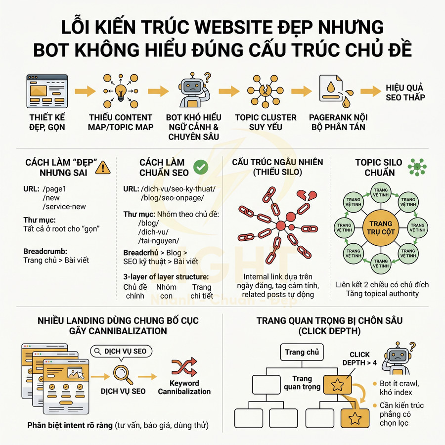 Infographic lỗi kiến trúc website đẹp nhưng sai cấu trúc chủ đề và hướng dẫn tối ưu SEO với topic silo chuẩn