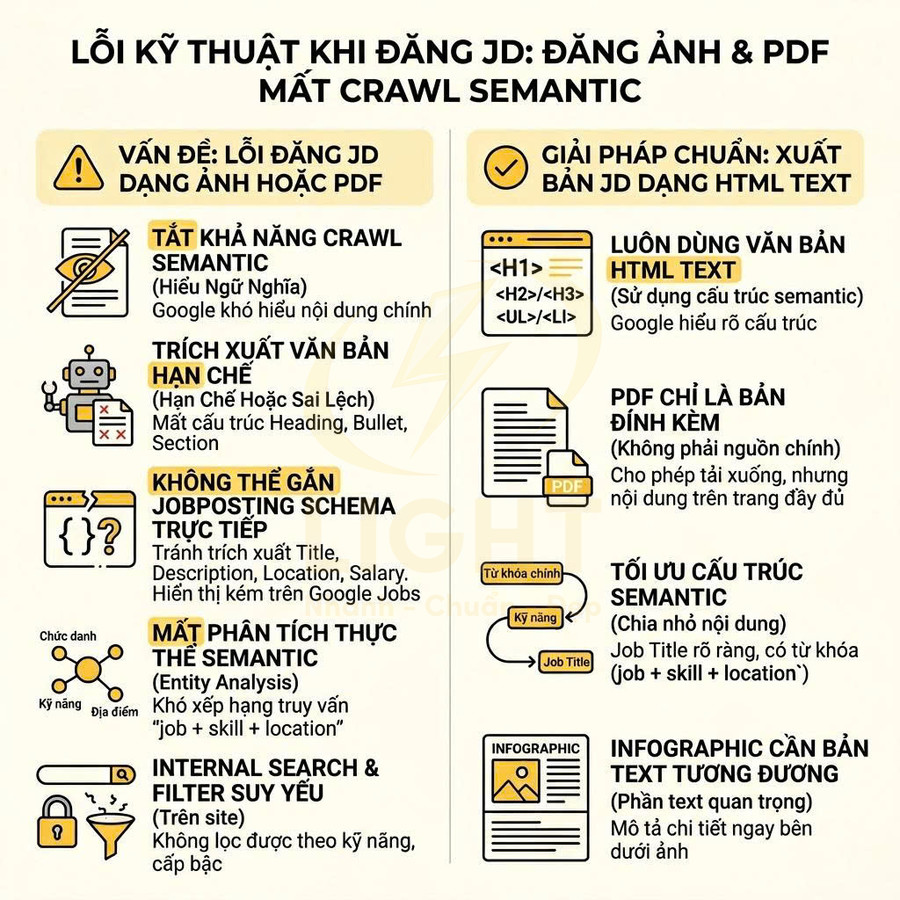 Infographic lỗi kỹ thuật khi đăng JD dạng ảnh PDF và giải pháp chuẩn xuất bản JD dạng HTML text chuẩn SEO