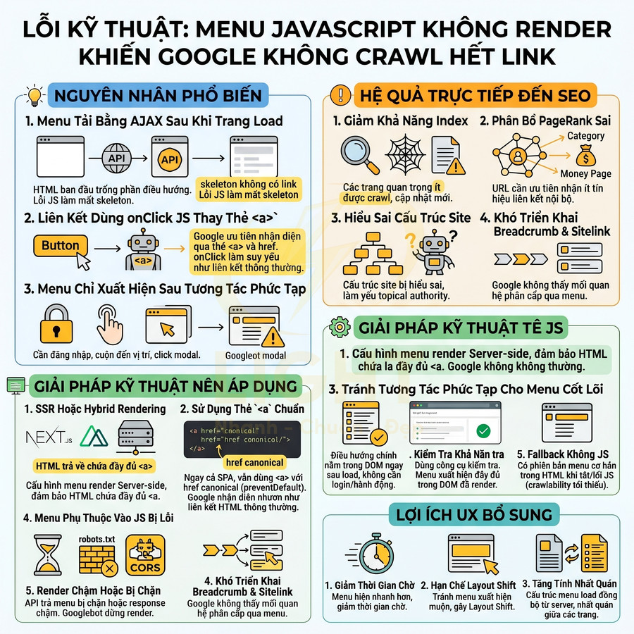 Infographic lỗi menu JavaScript không render khiến Google không crawl hết link và các giải pháp SEO kỹ thuật