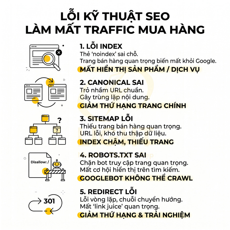 Danh sách 5 lỗi kỹ thuật SEO phổ biến làm mất traffic mua hàng và giảm thứ hạng website