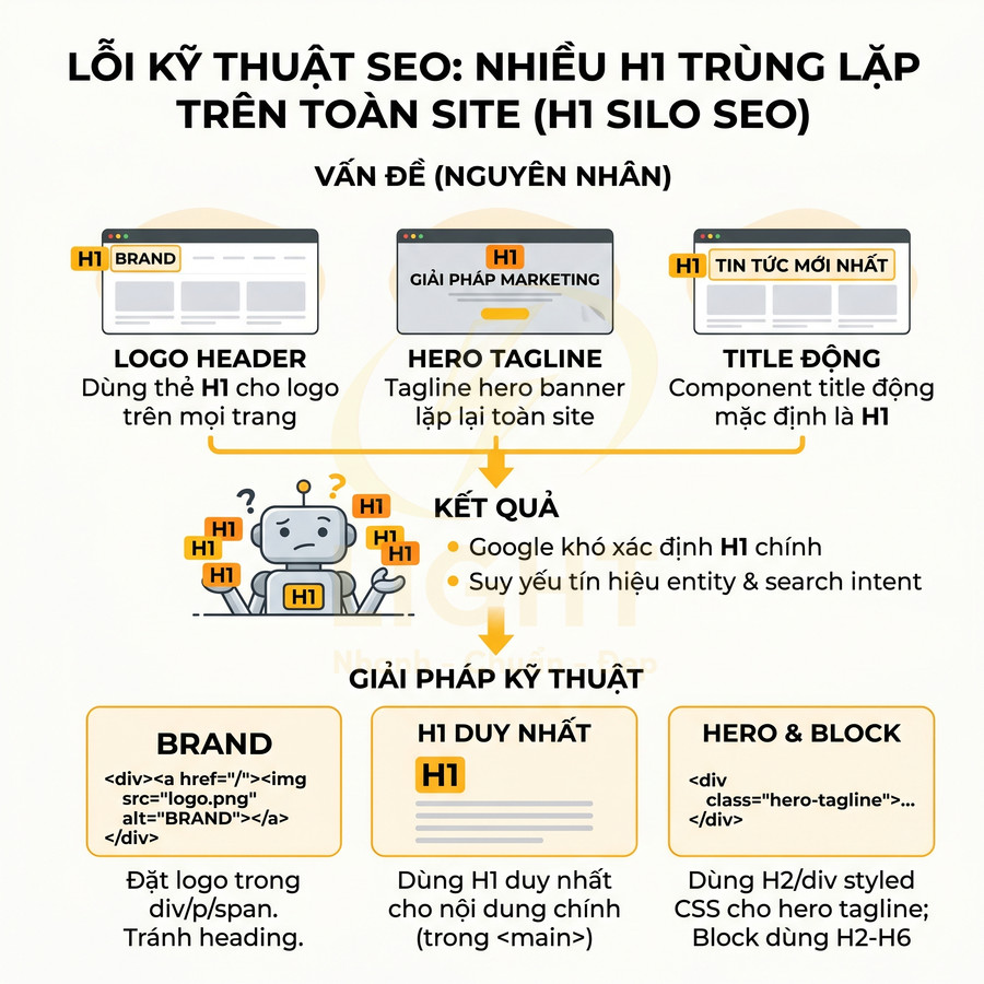 Infographic lỗi kỹ thuật SEO do nhiều thẻ H1 trùng lặp và hướng dẫn cách tối ưu H1 duy nhất trên toàn site