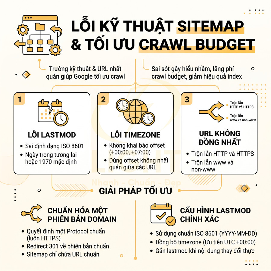 Infographic lỗi kỹ thuật sitemap và cách tối ưu crawl budget cho website SEO