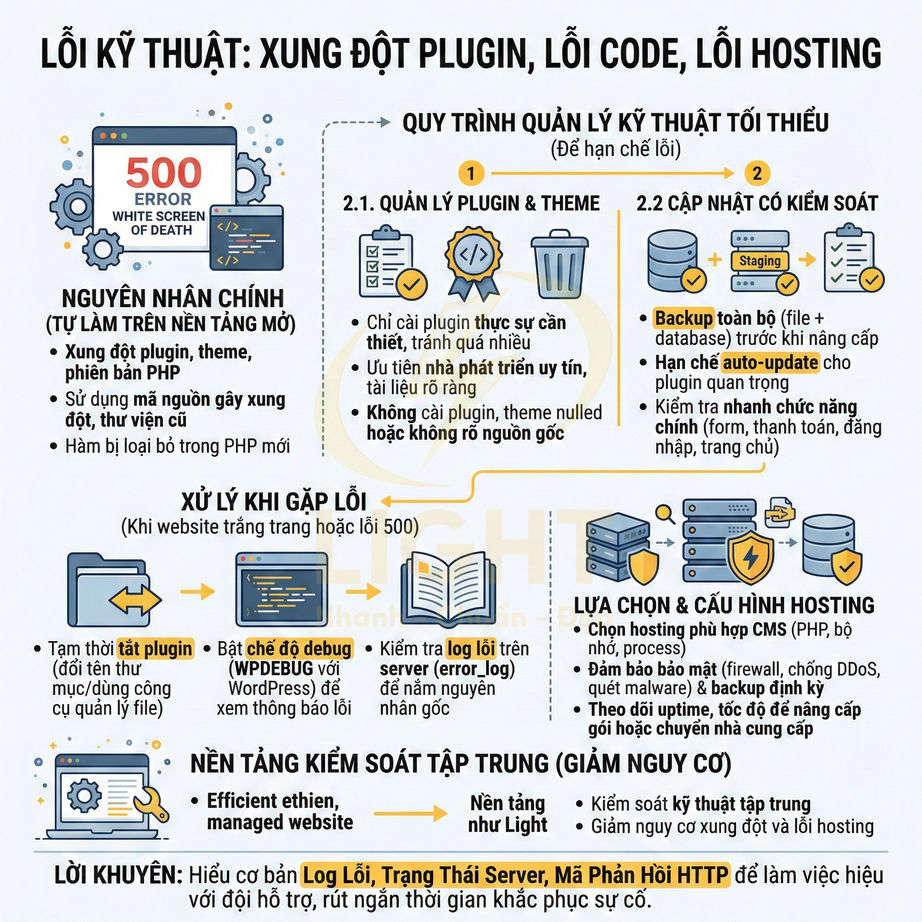 Infographic hướng dẫn xử lý lỗi kỹ thuật website WordPress do xung đột plugin, lỗi code và cấu hình hosting