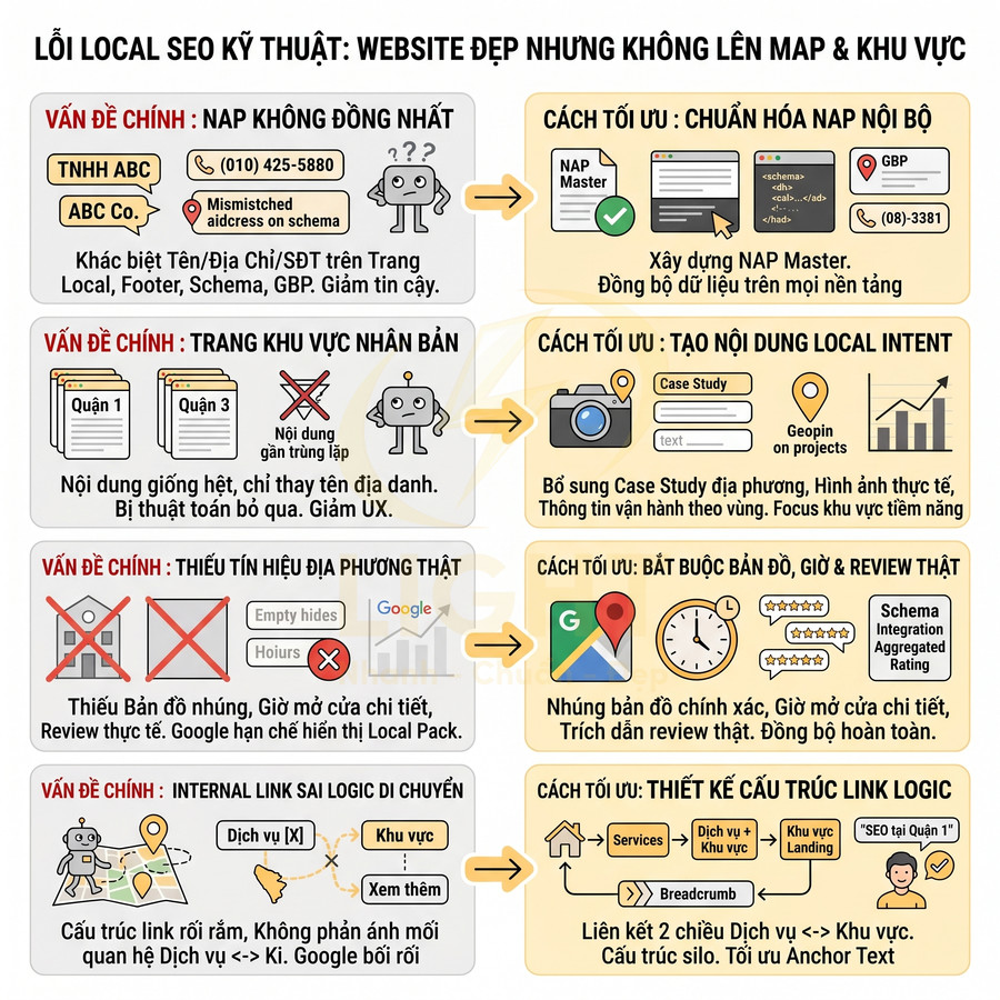 Infographic lỗi local SEO kỹ thuật và cách tối ưu NAP, nội dung local, tín hiệu địa phương và cấu trúc internal link