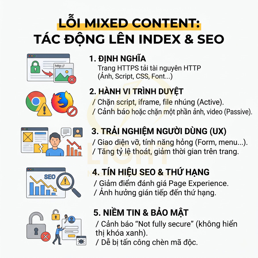 Infographic giải thích lỗi mixed content và tác động đến index, SEO, UX, tín hiệu xếp hạng và bảo mật website