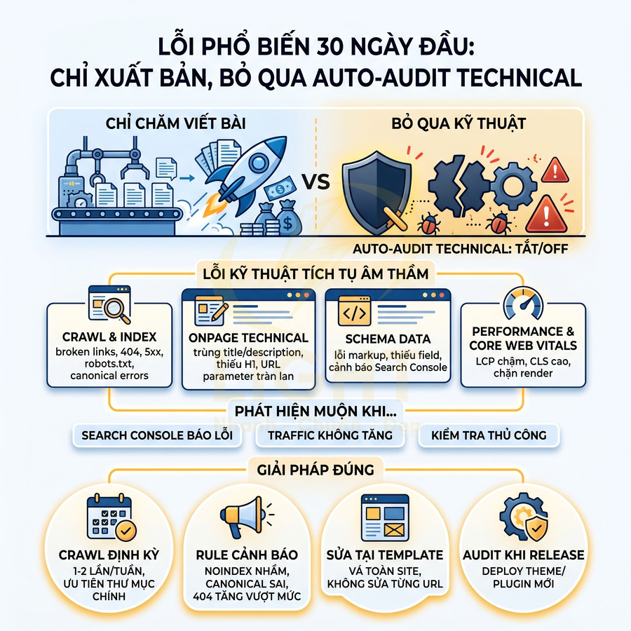 Infographic lỗi SEO technical 30 ngày đầu và giải pháp auto audit crawl index onpage schema core web vitals