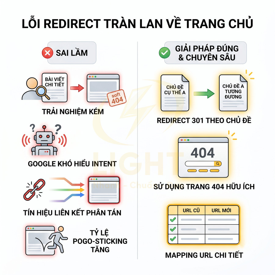 Infographic lỗi redirect tràn lan về trang chủ và giải pháp SEO đúng với redirect 301, trang 404 và mapping URL