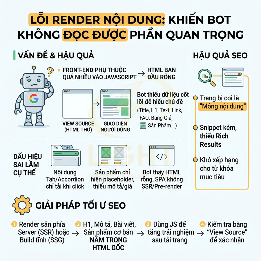 Infographic lỗi render nội dung ảnh hưởng SEO và giải pháp tối ưu hiển thị HTML cho bot tìm kiếm