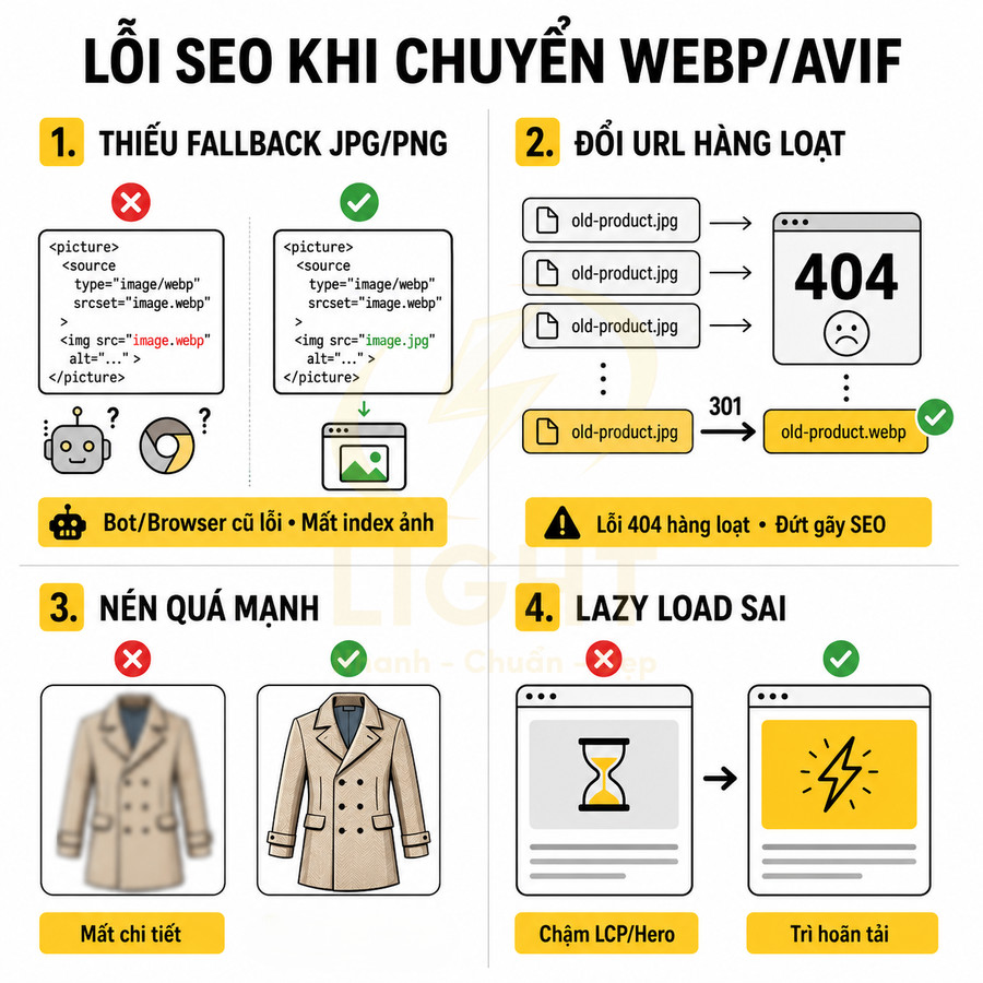 Lỗi SEO thường gặp khi chuyển đổi ảnh sang WebP AVIF như thiếu fallback, đổi URL, nén mạnh, lazy load sai