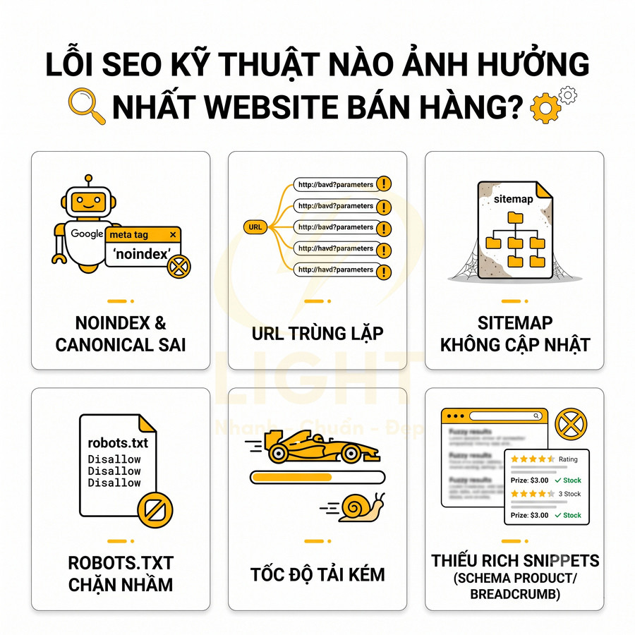 Các lỗi SEO kỹ thuật phổ biến ảnh hưởng website bán hàng như noindex sai, URL trùng lặp, sitemap lỗi, robots.txt, tốc độ tải chậm