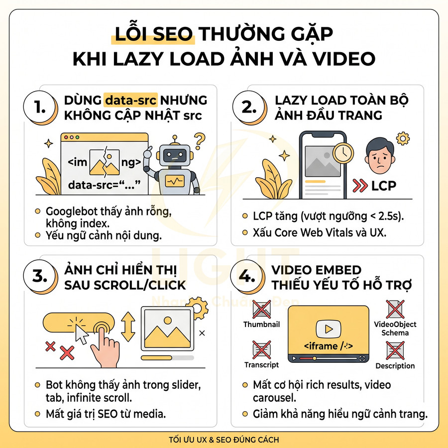 Infographic các lỗi SEO thường gặp khi lazy load ảnh và video và cách tối ưu UX SEO đúng cách