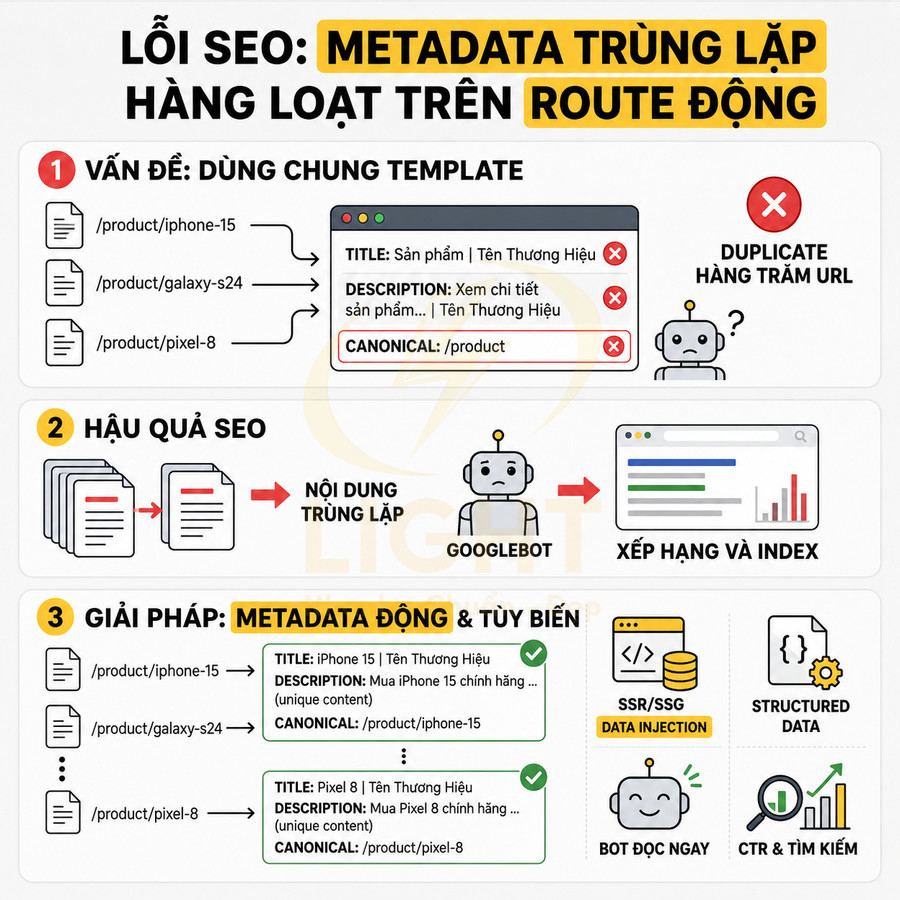 Infographic lỗi SEO metadata trùng lặp trên route động và giải pháp dùng metadata động cho iPhone 15, Galaxy S24, Pixel 8