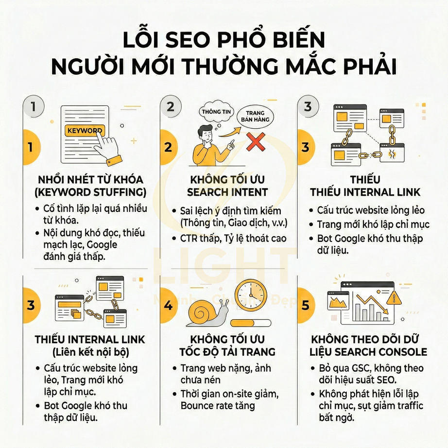 Infographic các lỗi SEO phổ biến cho người mới như nhồi nhét từ khóa, thiếu internal link, không tối ưu tốc độ tải trang