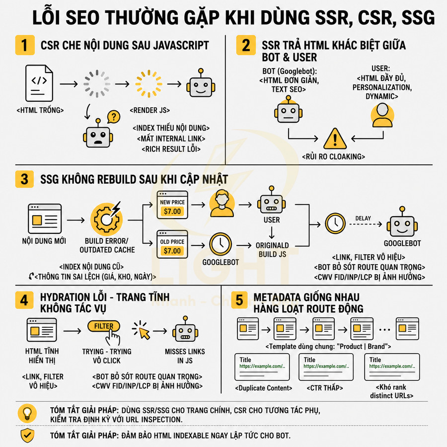 Lỗi SEO thường gặp khi dùng SSR CSR SSG với ví dụ minh họa và cách khắc phục cho lập trình viên web
