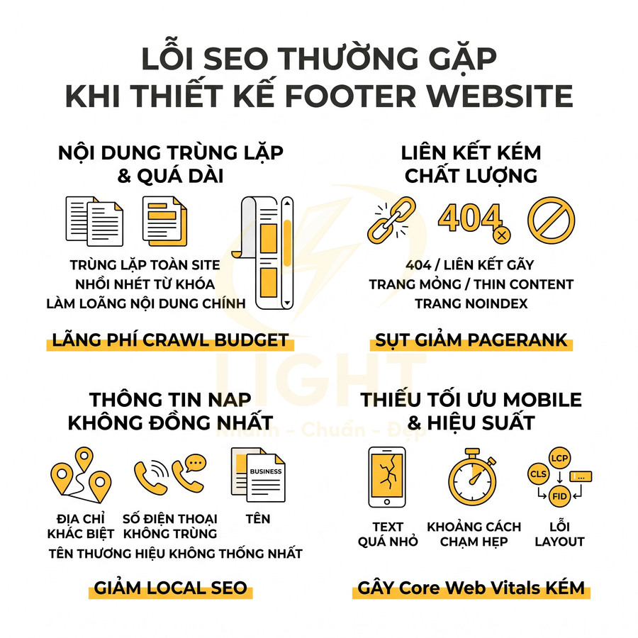 Các lỗi SEO thường gặp khi thiết kế footer website và cách ảnh hưởng đến crawl budget, pagerank, local SEO