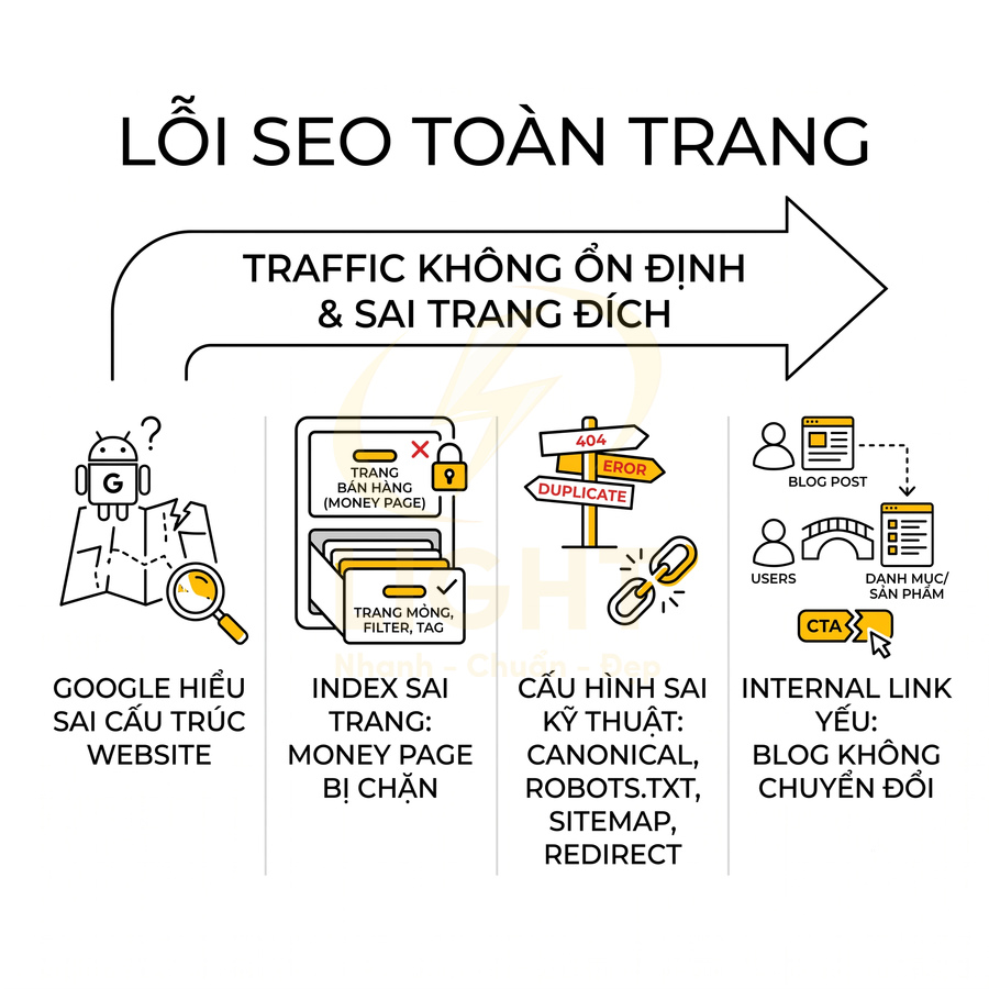 Minh họa các lỗi SEO toàn trang như index sai trang, cấu hình kỹ thuật sai và internal link yếu