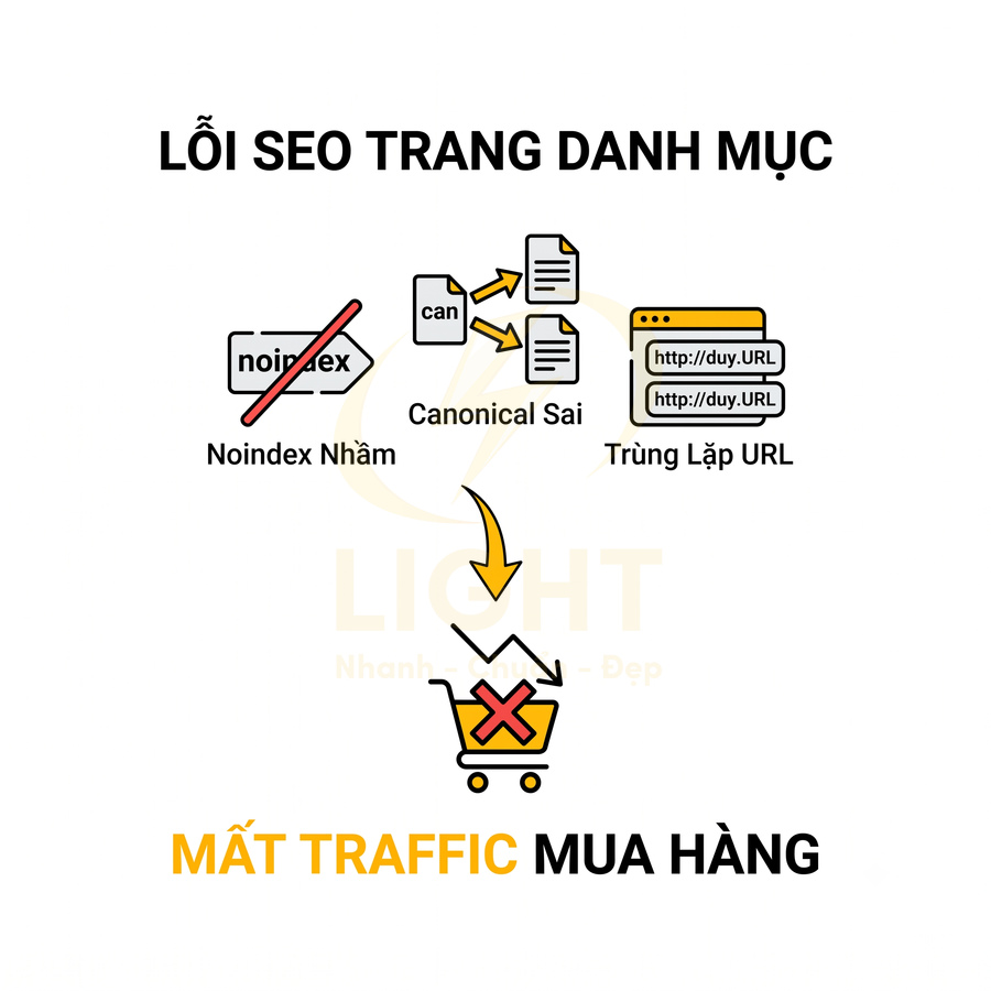 Minh họa các lỗi SEO trang danh mục như noindex nhầm, canonical sai, trùng lặp URL gây mất traffic mua hàng