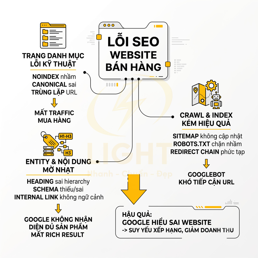 Infographic các lỗi SEO website bán hàng như lỗi kỹ thuật, nội dung mờ nhạt, crawl index kém và hậu quả giảm doanh thu