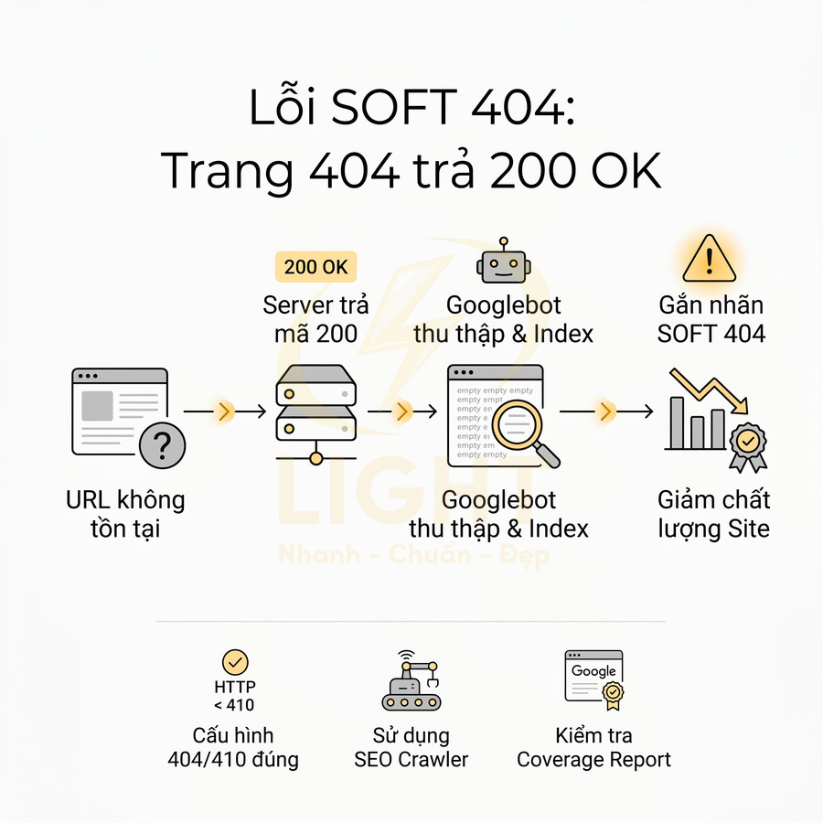 Mô tả lỗi soft 404 khi trang không tồn tại trả mã 200 OK và cách khắc phục trong SEO website