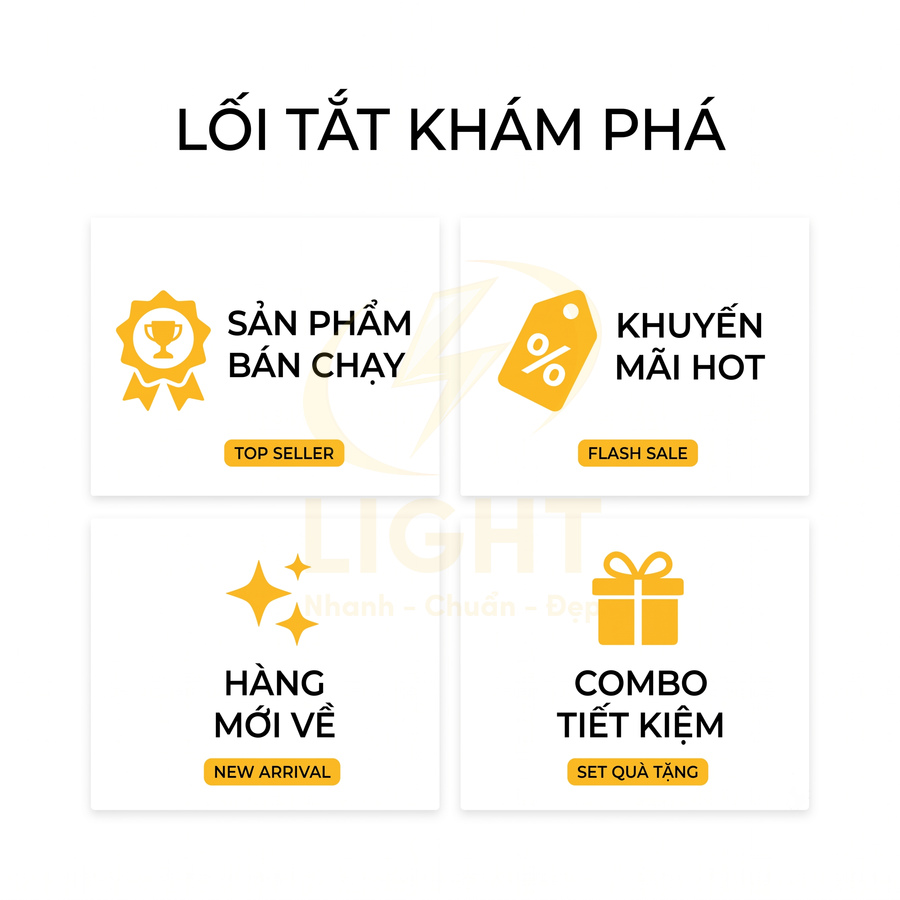 Banner lối tắt khám phá với các mục sản phẩm bán chạy khuyến mãi hot hàng mới về và combo tiết kiệm