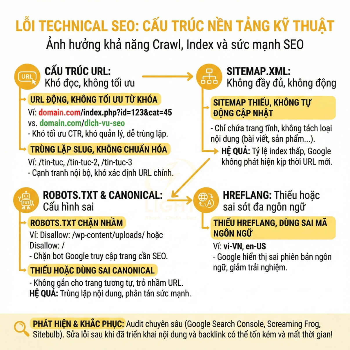 Infographic lỗi technical SEO về cấu trúc URL, sitemap, robots.txt, canonical và hreflang ảnh hưởng crawl index