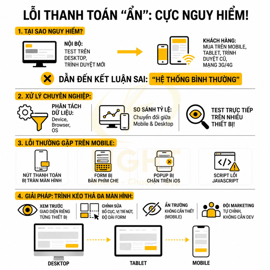 Infographic lỗi thanh toán ẩn trên mobile và giải pháp tối ưu giao diện đa màn hình desktop tablet mobile