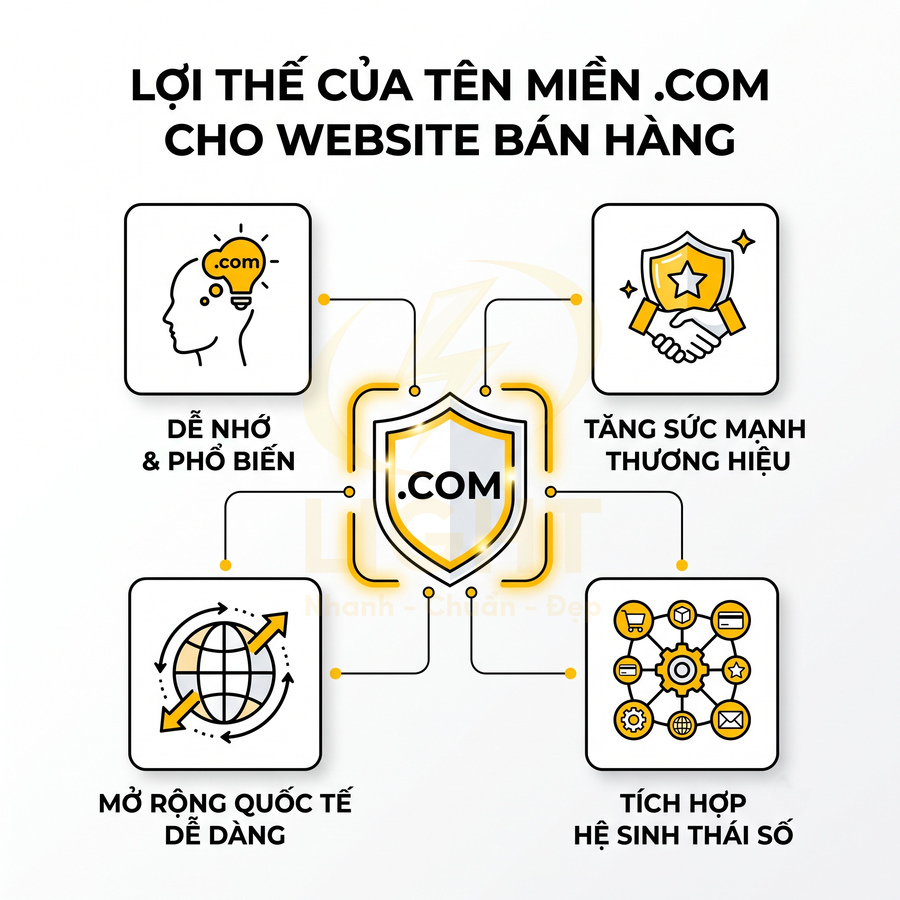 Infographic lợi ích tên miền .com cho website bán hàng: dễ nhớ, tăng sức mạnh thương hiệu, mở rộng quốc tế, tích hợp hệ sinh thái số