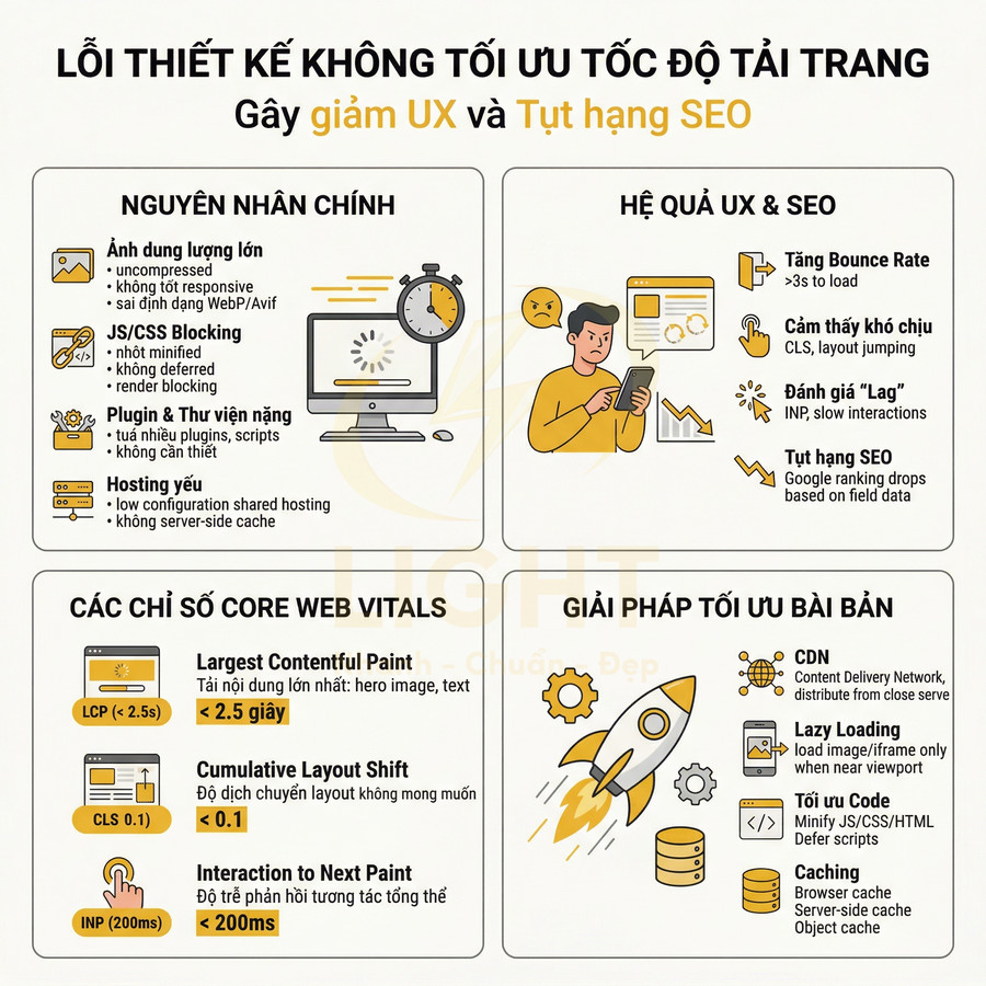 Infographic lỗi thiết kế không tối ưu tốc độ tải trang, ảnh hưởng UX SEO và giải pháp cải thiện Core Web Vitals