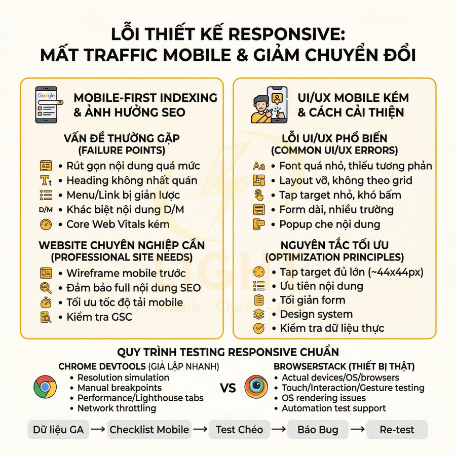 Infographic lỗi thiết kế responsive gây mất traffic mobile và cách tối ưu UI UX, SEO cho website trên di động