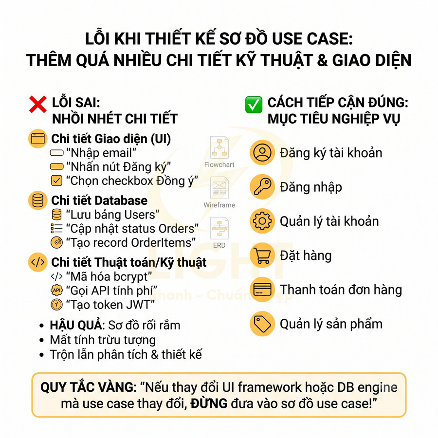 Lỗi khi thiết kế sơ đồ use case thêm chi tiết kỹ thuật giao diện và cách tiếp cận đúng theo mục tiêu nghiệp vụ