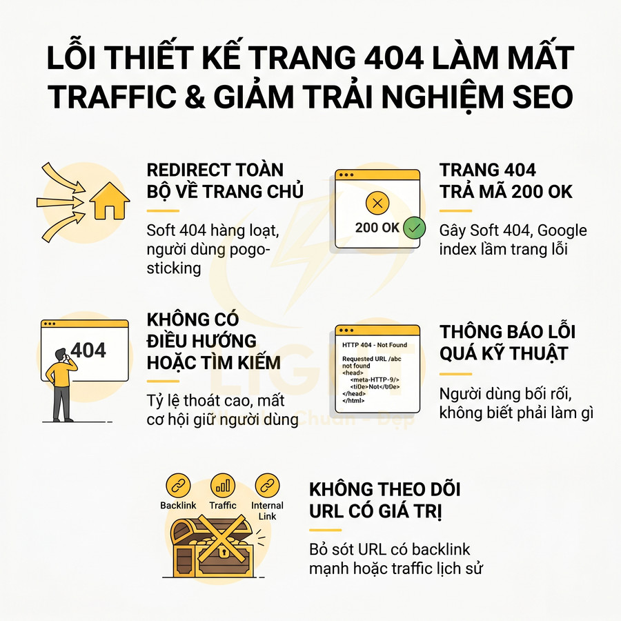 Các lỗi thiết kế trang 404 làm mất traffic và giảm trải nghiệm SEO, liệt kê nguyên nhân và hậu quả