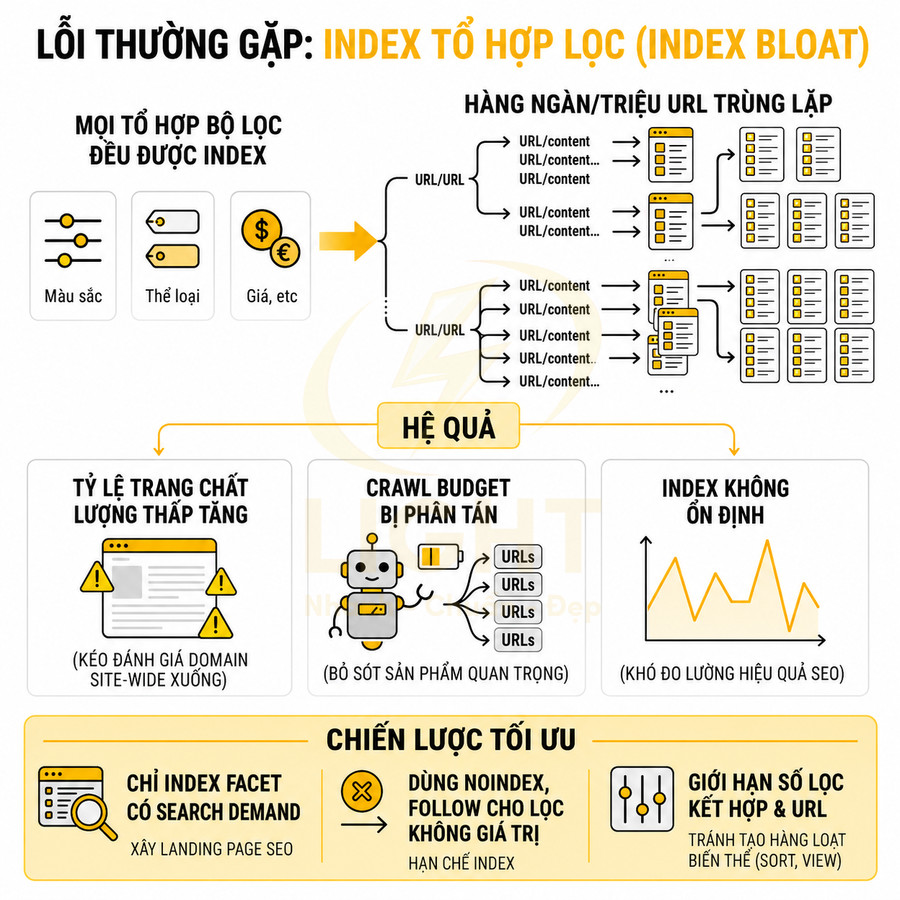 Infographic giải thích lỗi index tổ hợp lọc index bloat và chiến lược tối ưu crawl budget SEO