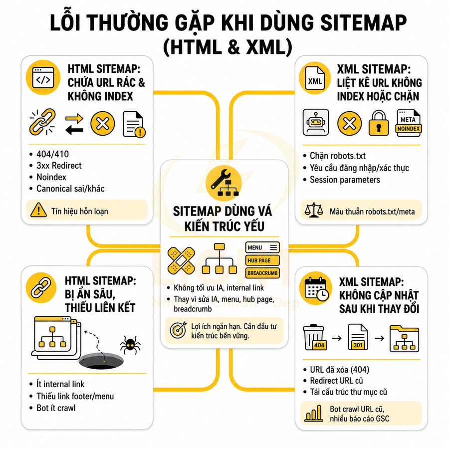 Infographic các lỗi thường gặp khi dùng sitemap HTML và XML trong SEO website