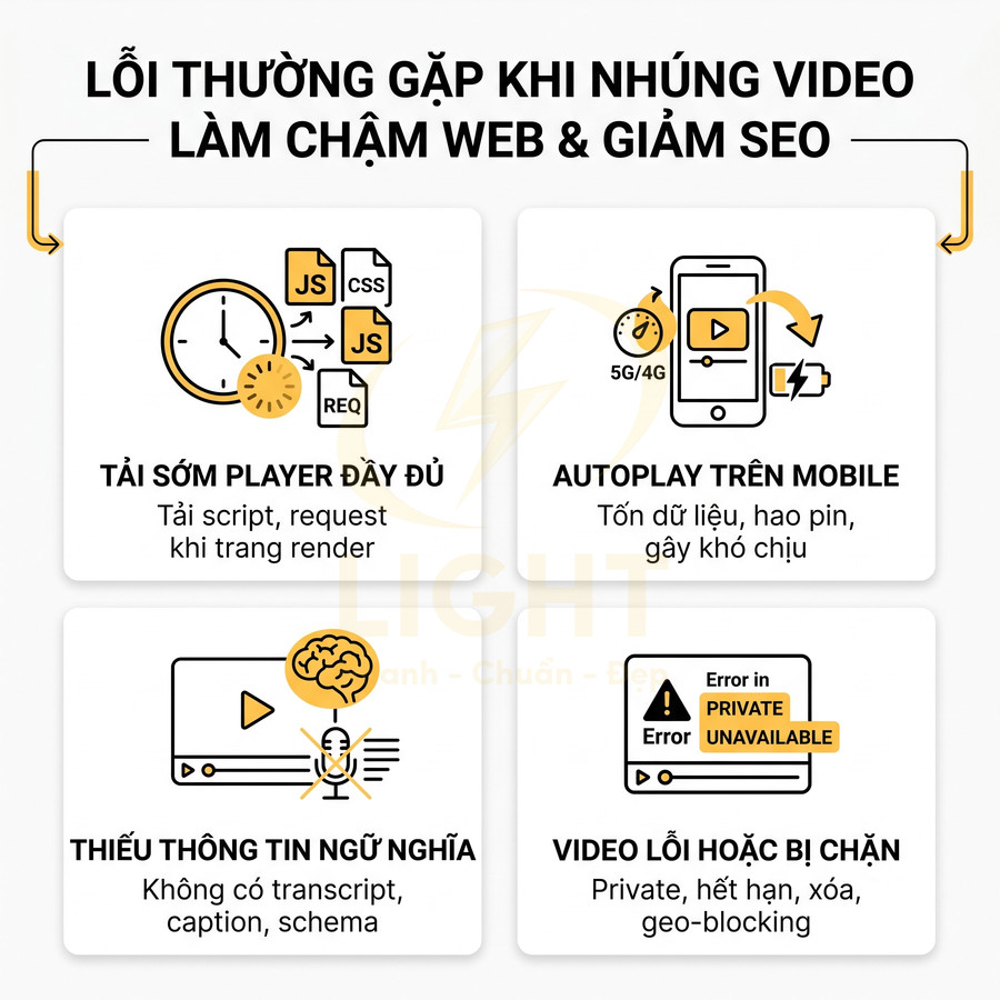 Các lỗi nhúng video làm chậm web và giảm SEO như tải sớm player, autoplay mobile, thiếu transcript, video lỗi