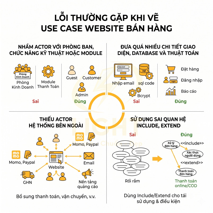 Infographic lỗi thường gặp khi vẽ use case website bán hàng và cách mô tả đúng actor, hệ thống, quan hệ Include Extend