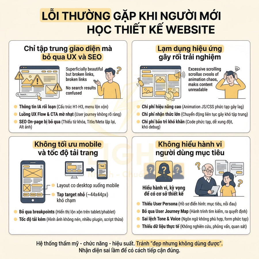 Infographic các lỗi thường gặp khi người mới học thiết kế website về UX, SEO, mobile và hành vi người dùng