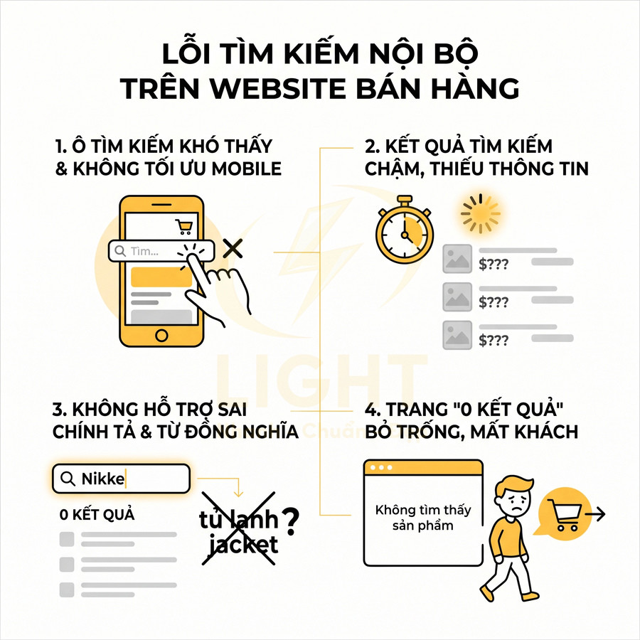 Infographic các lỗi tìm kiếm nội bộ trên website bán hàng và tác động đến trải nghiệm khách mua hàng