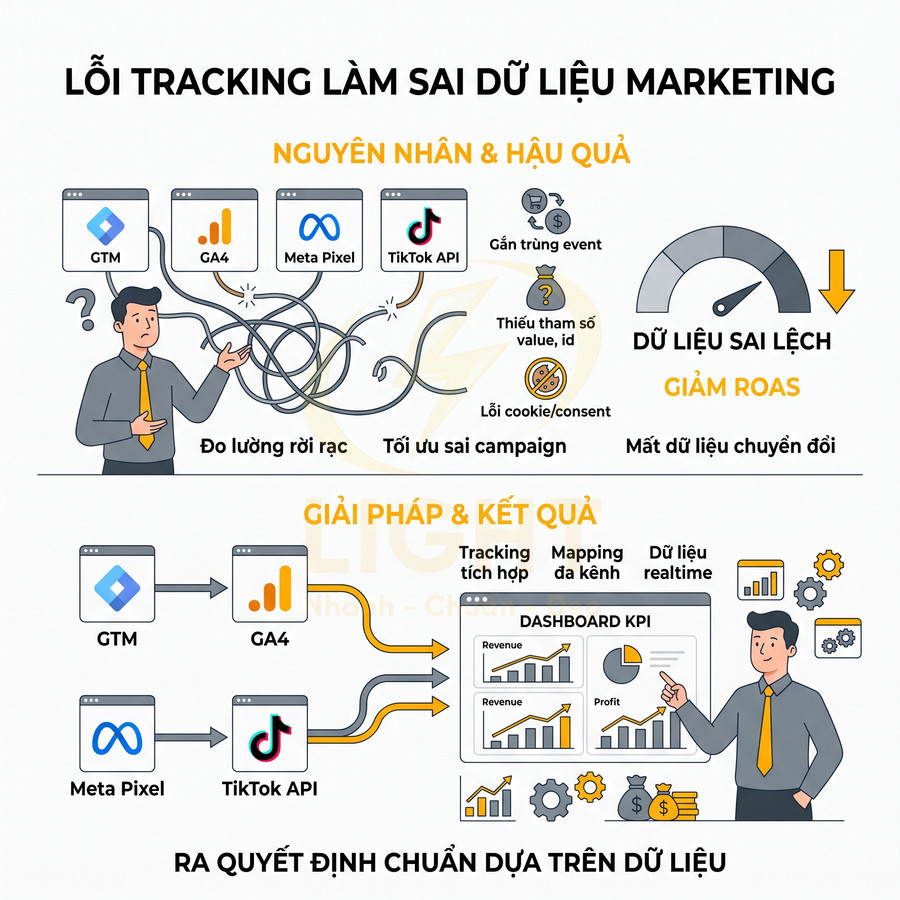 Infographic lỗi tracking dữ liệu marketing và giải pháp tích hợp GTM GA4 Meta Pixel TikTok API vào dashboard KPI