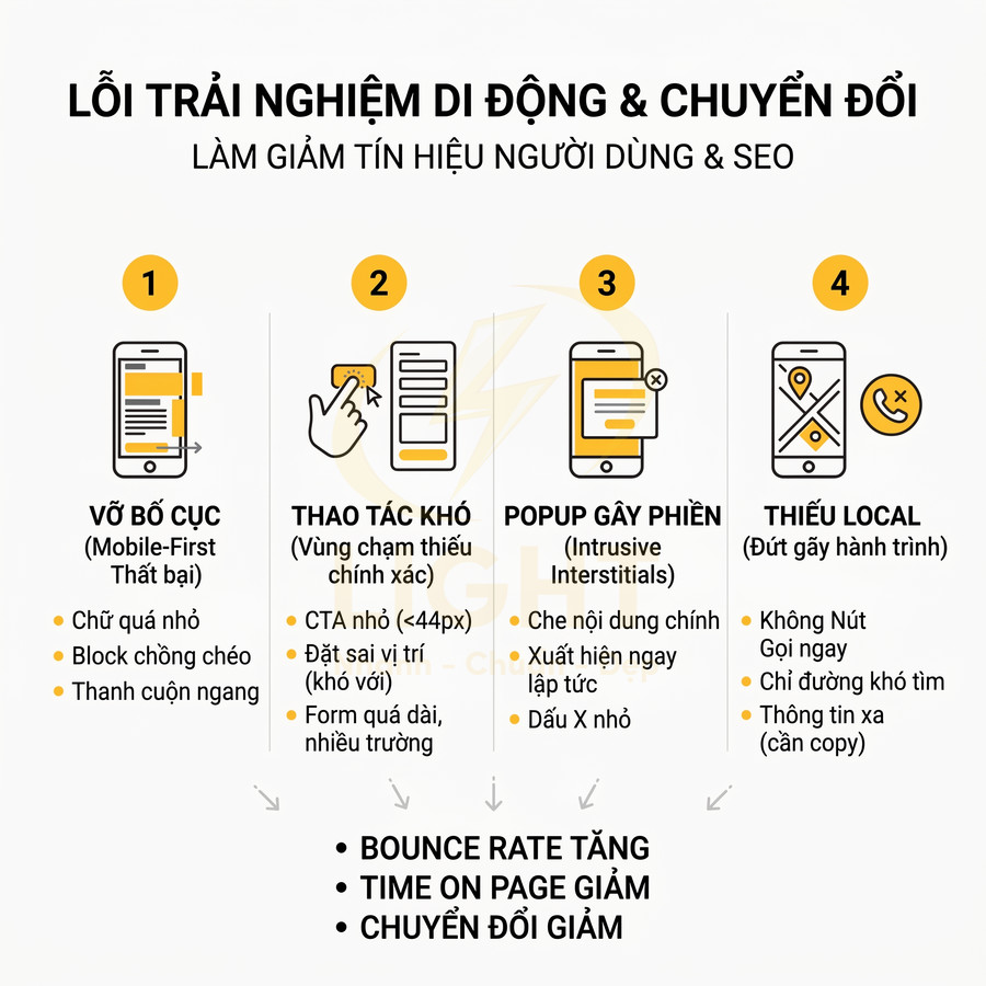Các lỗi trải nghiệm di động phổ biến làm giảm chuyển đổi và SEO trên website di động