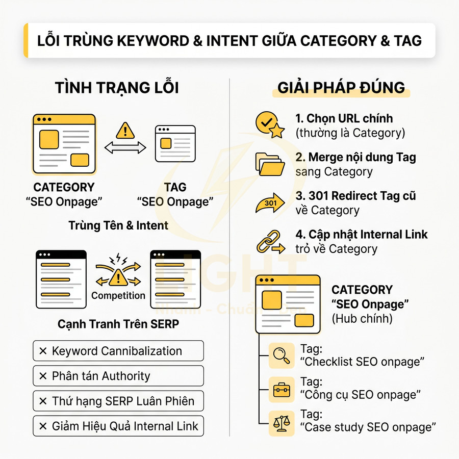 Minh họa lỗi trùng keyword giữa category và tag trong SEO onpage và cách xử lý chuẩn cấu trúc website