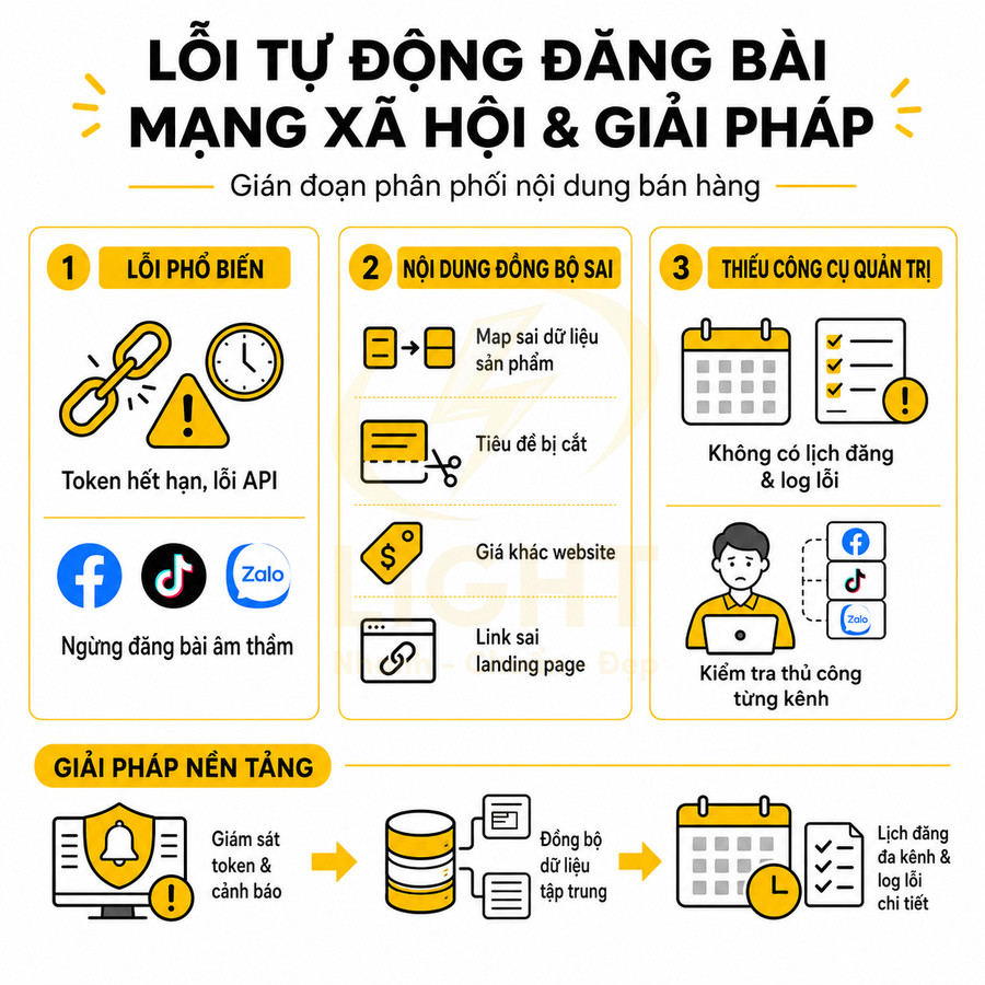 Infographic lỗi tự động đăng bài mạng xã hội và giải pháp giám sát token, đồng bộ dữ liệu, lập lịch đăng bài