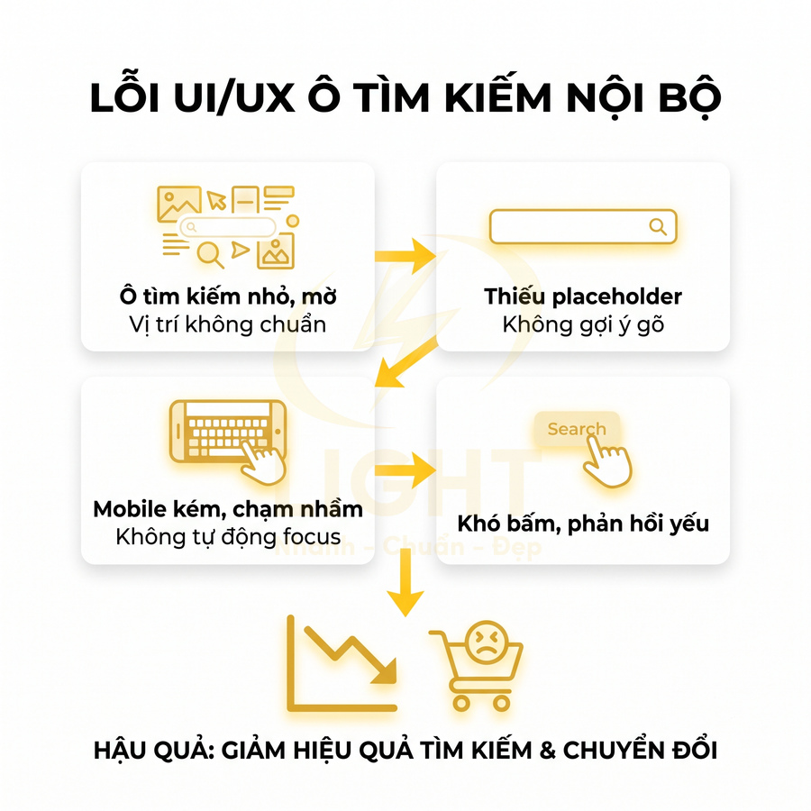 Infographic liệt kê các lỗi UI UX ô tìm kiếm nội bộ và hậu quả giảm hiệu quả tìm kiếm chuyển đổi