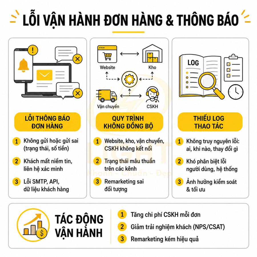 Infographic lỗi vận hành đơn hàng và thông báo trong ecommerce, mô tả nguyên nhân và tác động tới chăm sóc khách hàng