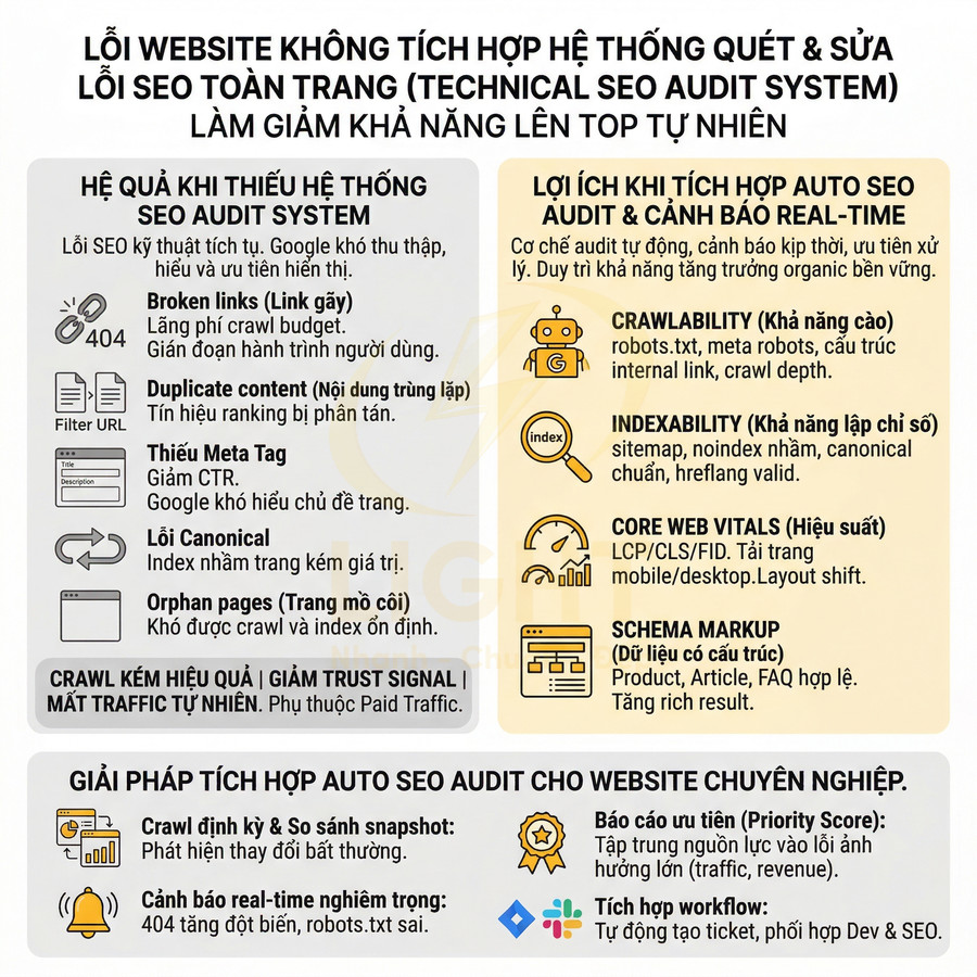 Infographic về lỗi thiếu hệ thống technical SEO audit và lợi ích tích hợp auto SEO audit cho website