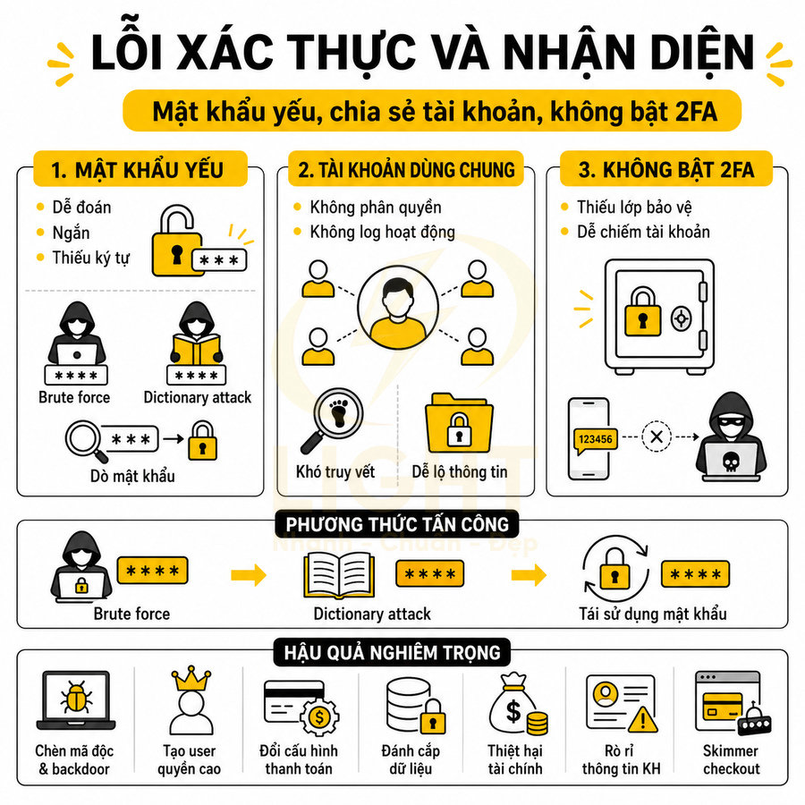 Infographic lỗi xác thực tài khoản, mật khẩu yếu, không bật 2FA và hậu quả mất cắp dữ liệu, tài chính