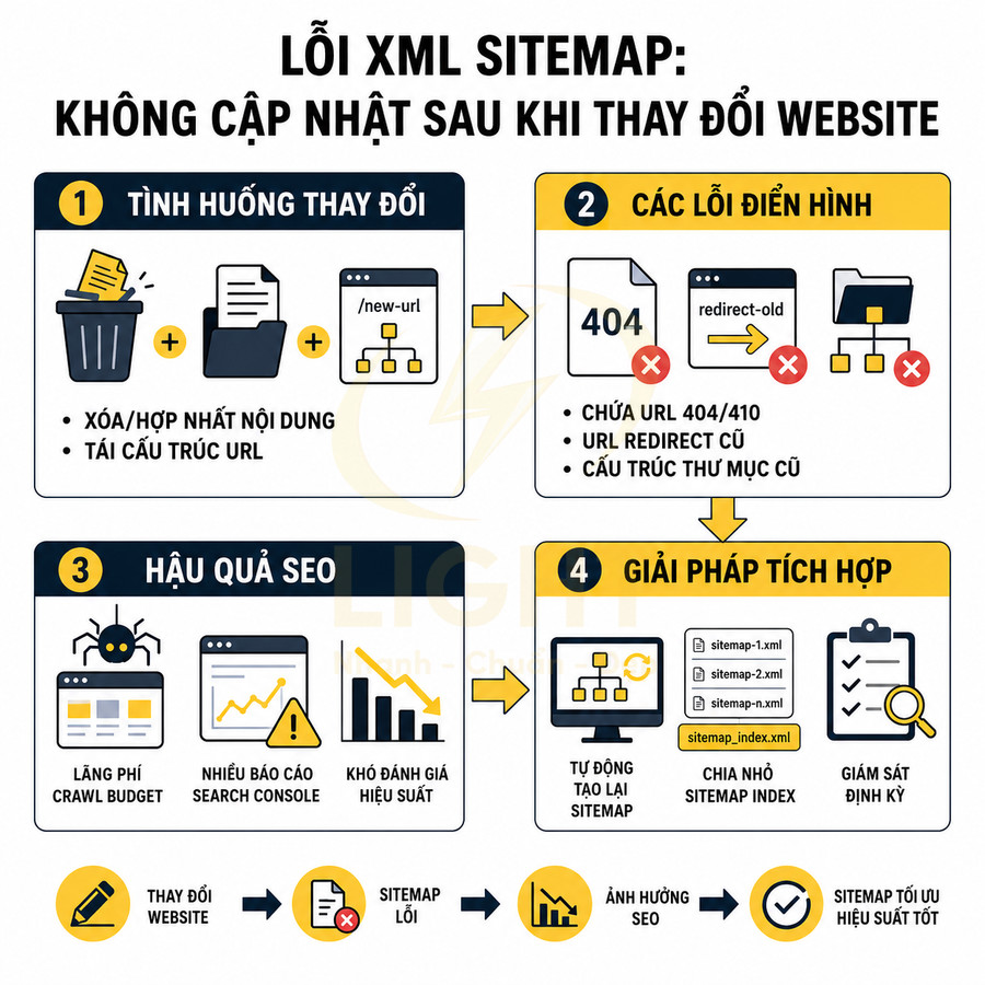 Infographic lỗi XML sitemap không cập nhật sau khi thay đổi website và giải pháp tối ưu SEO