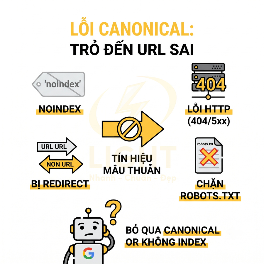 Minh họa các lỗi canonical trỏ đến URL sai trong SEO như noindex, lỗi 404, chặn robots và redirect